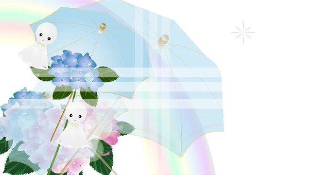 紫陽花とテルテル坊主と傘に虹のイラスト梅雨の景色アニメーションループ動画