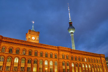 The town hall and the famous Television Tower in Berlin at night
