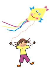 little girl and paper kite, vector illustration on white background