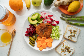 Healthy multivitamin breakfast with vegetables and fruits