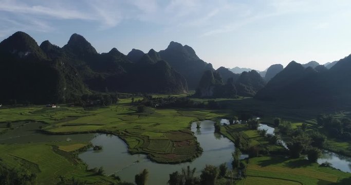 Aerial view of agriculture in rice fields for cultivation at Phong Nam, Trung Khanh, Cao Bang, Vietnam. Natural the texture for background