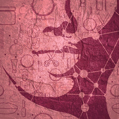 Lower part of the woman face front view. Elegant silhouette of a female head. Open mouth. Silhouette textured by lines and dots pattern. Cosmetology and fashion concept.