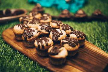 various freshly baked pastries isolated on white background, top view