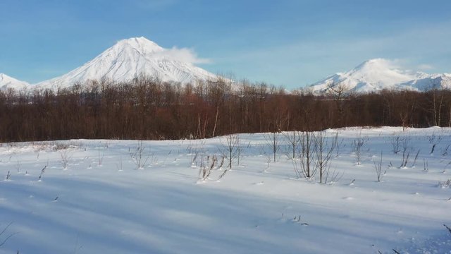 Kamchatka's home volcanoes tower over the city of Petropavlovsk-Kamchatsky. Taken in winter from a quadrocopter