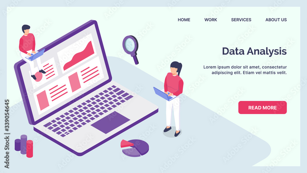 Aufkleber data analysis business graph and chart with laptop for website landing homepage with isometric style