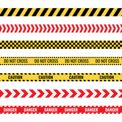 caution tape sign set, danger police lines, ribbons with warning text