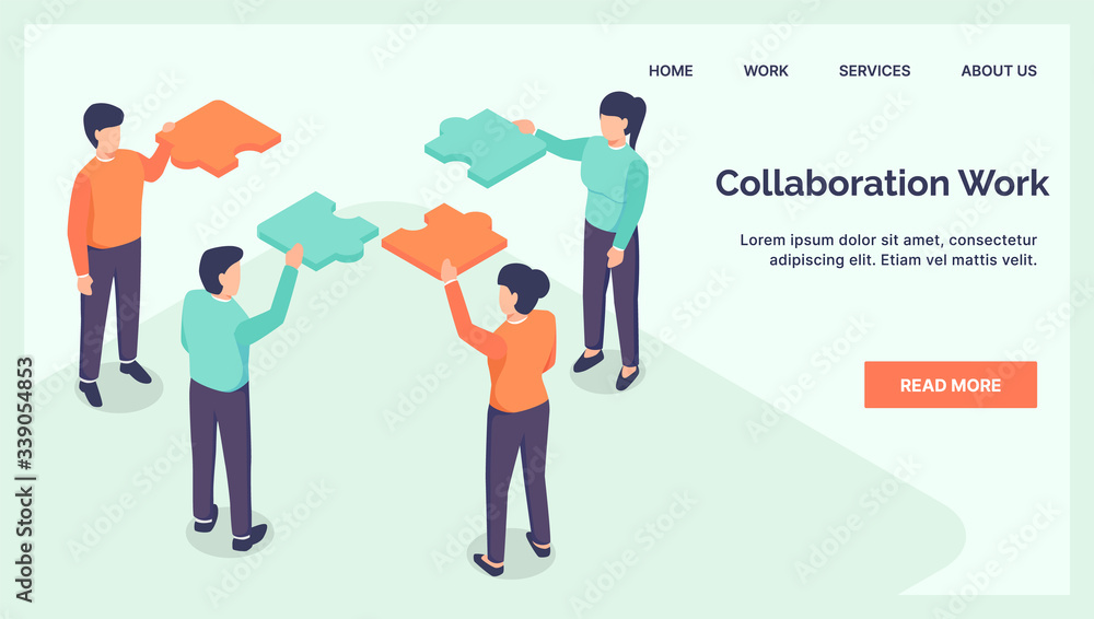 Poster collaboration teamwork business jigsaw for website landing homepage with isometric style