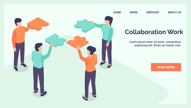 collaboration teamwork business jigsaw for website landing homepage with isometric style