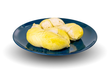 Durian that has been peeled from the skin and placed on a plate is ready to eat, isolated on white background.