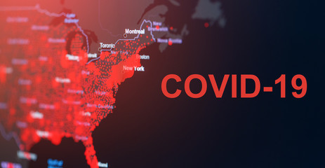 The coronavirus pandemic with the word COVID-19 on the global map of the United States with red dots of infection centers.