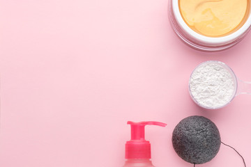 Spa, beauty cosmetics and home face treatment concept. Creative top view flat lay composition with different beauty products and tools with copy space