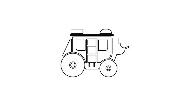 Black line Western stagecoach icon isolated on white background. 4K Video motion graphic animation