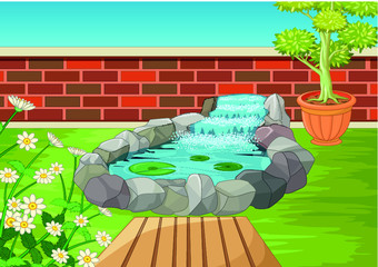 Cool Back yard View With Water Pool and Ivy Flowers Cartoon Vector Illustration 