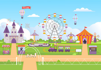 amusement park. funny outdoor entertainment attractions for kids festival city roller coaster circus tent sky balloons carousel trains vector background
