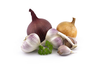 Red, yellow onion and garlic in close view