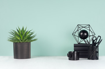 Fototapeta na wymiar Modern business interior - workplace with black stationery, books, coffee cup, succulent plant, atom model in green mint menthe interior on white wood desk, copy space.