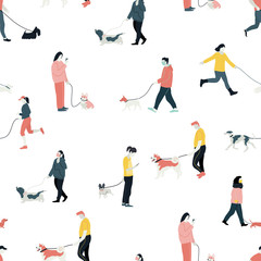 Fototapeta na wymiar People walking with dogs Flat vector illustration Seamless pattern