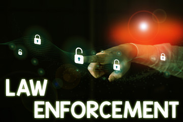 Writing note showing Law Enforcement. Business concept for activity of making certain that the laws...