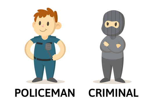 Words policeman and criminal opposites flashcard with cartoon characters. Opposite nouns explanation card. Flat vector illustration, isolated on white background.