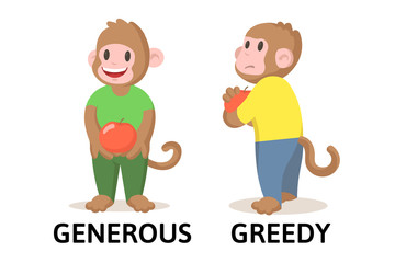 Words generous and greedy textcard with two cartoon monkey characters. Opposite adjectives explanation card. Flat vector illustration, isolated on white background.