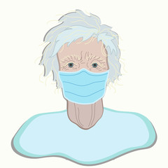 Coronovirus illustration for Landing Page or Presentation about People at Risk. Grand mama, old woman in Mask.