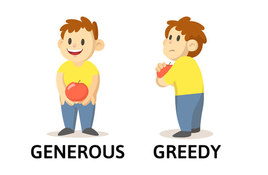 Words generous and greedy flashcard with cartoon boy characters. Opposite adjectives explanation card. Flat vector illustration, isolated on white background.