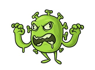 Angry cartoon virus monster character standing with his hands raised. Germ, infection, funny bacterium concept. Flat vector illustration, isolated on white background.