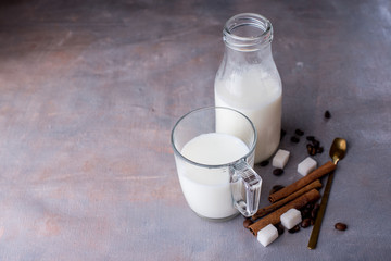 Fresh milk in a cup and glass bottle, sugar cubes, spoon, coffee beans on the table.