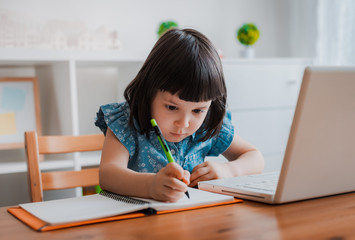 Distance learning online education. A schoolboy boy studies at home and does school homework. A home distance learning