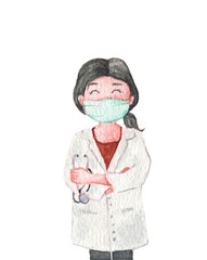 Doctor wearing medical mask. Isolated on white background. Watercolor illustration cartoon character.