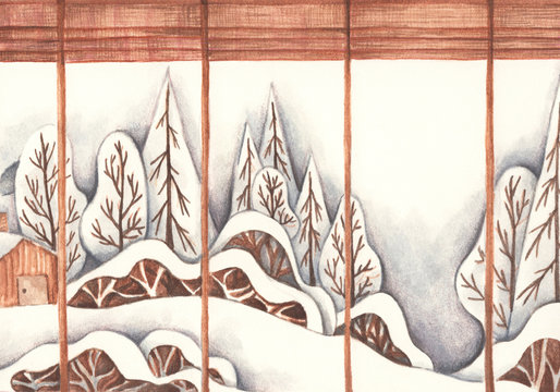 Window with bamboo wood curtain and winter view behind it. Winter background with pile of snow and landscape. Abstract tree. Watercolor illustration.