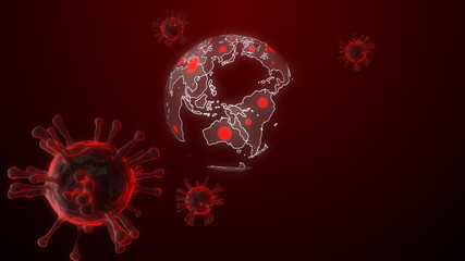 Bacteria coronavirus (COVID-19) floating around with other particles Spread around the world. Background virus cells and map earth 3D Rendering..