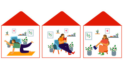 Set young women are sitting at home, room or apartment, practicing yoga,  relaxing on sofa, reading books. Flat cartoon vector