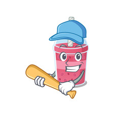 Picture of strawberry bubble tea cartoon character playing baseball