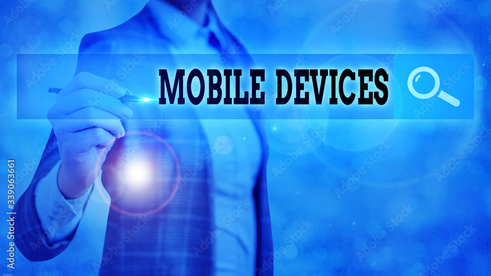 Poster text sign showing mobile devices. business photo text portable computing device such as a smartphone