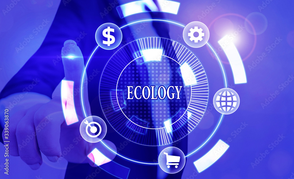 Poster writing note showing ecology. business concept for branch of science relation organisms environment 