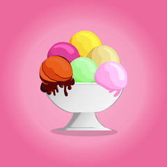 Pastel ice-cream on pink background with different flavors. Tasty colorful ice cream set for summer decorative, sweets, dessert, web design or print. Vector Illustration.