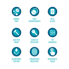 Smartphone screen protection icon set, tempered glass, screen. 