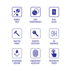 Smartphone screen protection icon set, tempered glass, screen. 