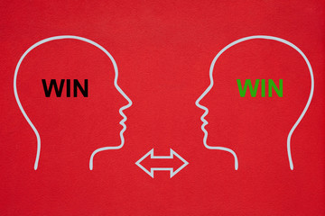 Two outlines of heads in white face each other. In the faces the Text WIN WIN is written in black and gree on the crimson background. Two arrows point in opposite directions.