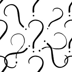 Question marks, conceptual vector seamless pattern in black and white, hand drawn in ink