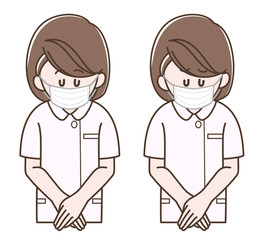 マスクをしてお辞儀をする看護師の女性_セット