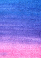 Beautiful watercolor background in pastel tones. Colorful hand drawn illustration graduating from delicate blue to gentle pink color. Extract of sunset sky on textured paper