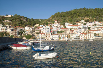 Fototapeta na wymiar Panoramic view of harbor and town Gythio in Peloponnese, Greece, Europe