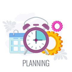 Clock, calendar and gear. Marketing Flat vector illustration.
