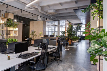modern loft office interior with furniture