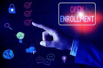 Conceptual hand writing showing Open Enrollment. Concept meaning policy of allowing qualifying...