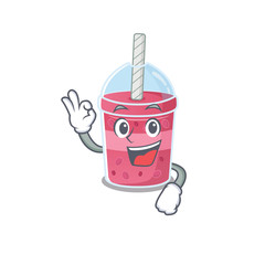 Strawberry bubble tea mascot design style with an Okay gesture finger