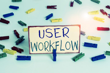 Writing note showing User Workflow. Business concept for orchestrated and repeatable pattern of business activity Colored clothespin papers empty reminder white floor background office