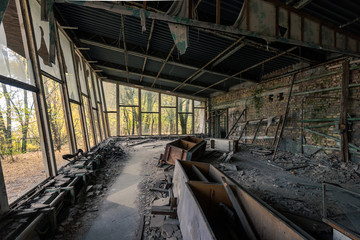 Dining room of restaurant in Pripyat, Chernobyl Exclusion Zone in autumn
